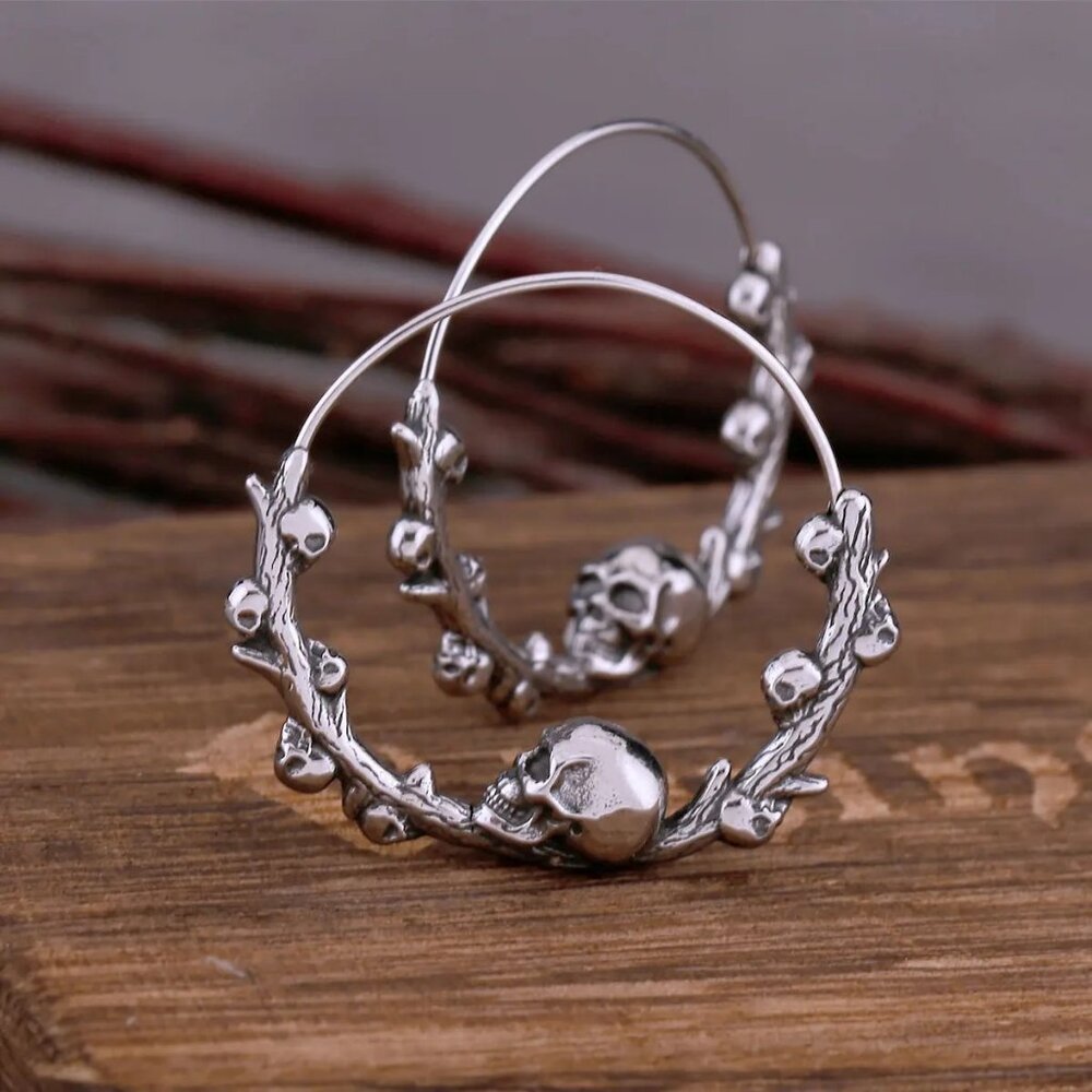 New Silver Skulls Branches Hoop Earrings Punk Rock Grunge Dark